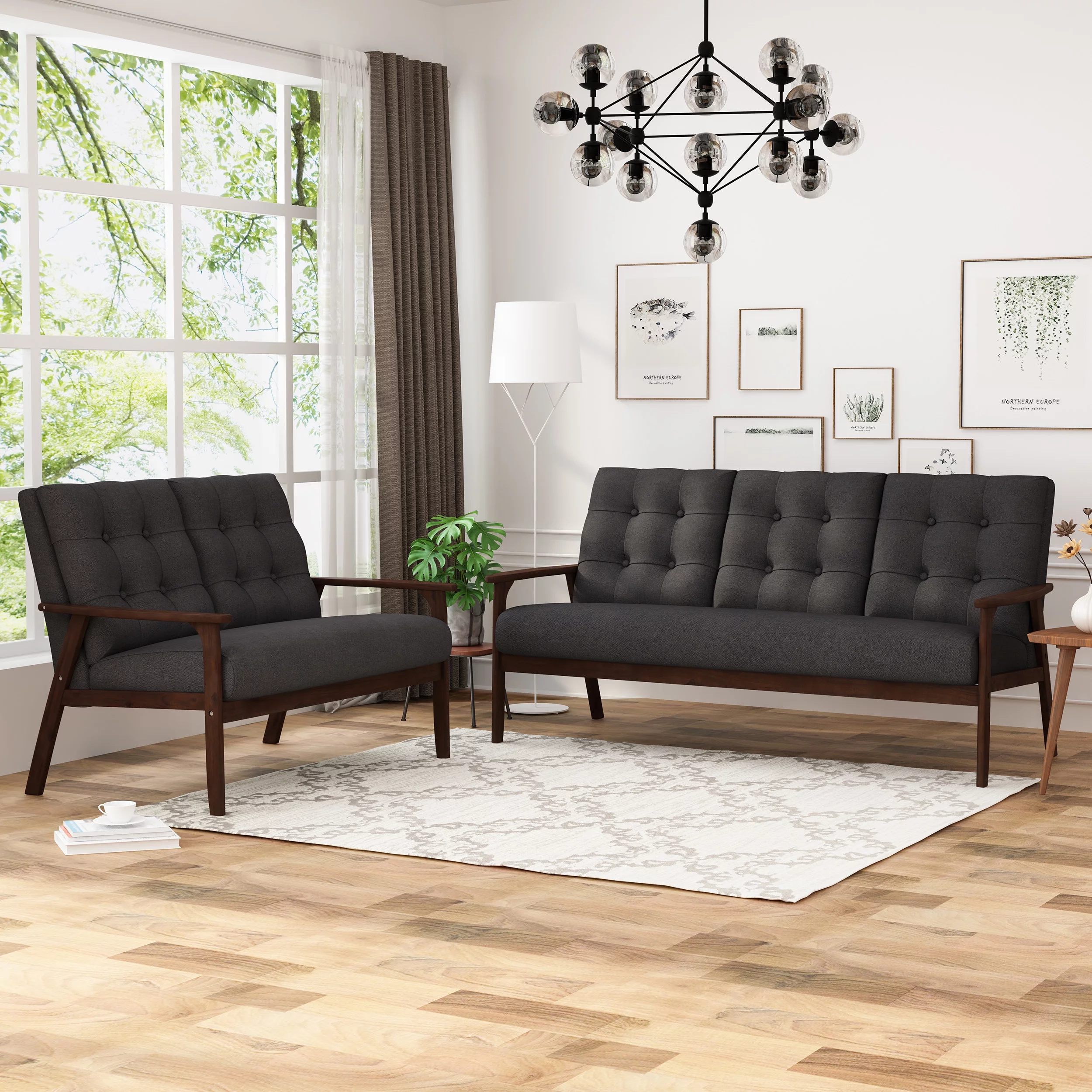 Noble House Eldon Polyester Sofa and Loveseat Set, Charcoal Gray