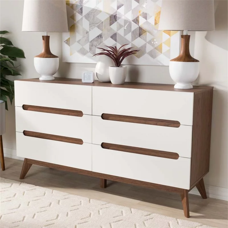 Hawthorne Collections 6 Drawer Wooden Double Dresser in White and Walnut