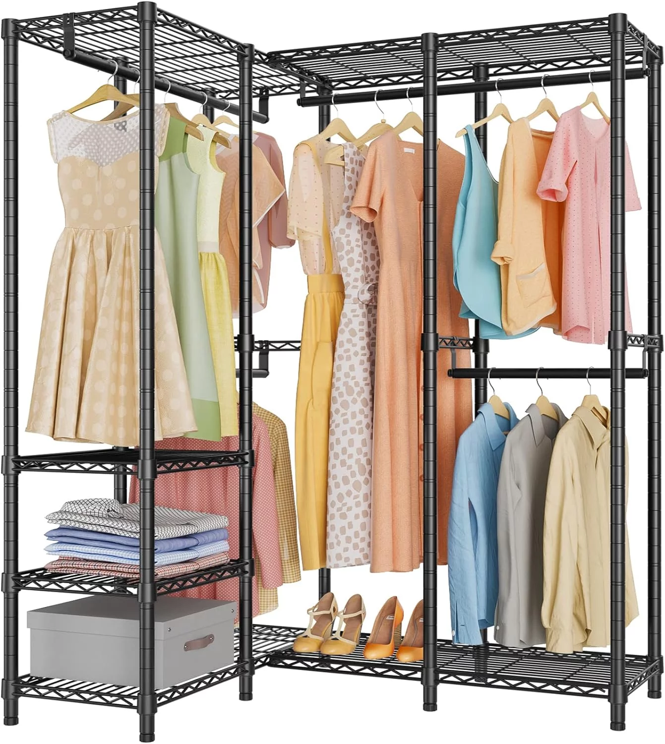 L40 Garment Rack Corner Closet Rack Freestanding L Shaped Clothes Rack, Portable Wardrobe Closet Heavy Duty Metal Clothing Rack For Hanging Clothes, Max Load 900Lbs, Medium Size (Black)