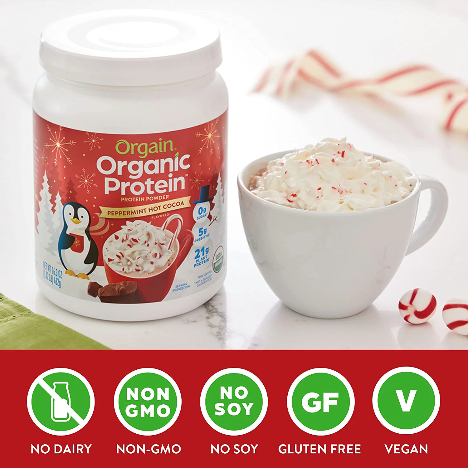 Orgain Organic Plant Based Protein Powder, Peppermint Hot Cocoa Seasonal Holiday Flavor - 21g of Protein, Vegan, Non Dairy, Gluten Free, 2g of Fiber, No Sugar Added, Soy Free, Non-GMO, 1.02 Lb