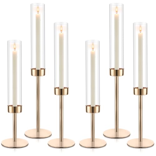 Black Hurricane Candle Holders, Set of 6 Glass Taper Candlestick Holders Metal Candle Stands Bulk with Glass Cover for Dining Tables Wedding Candelabra Centerpieces Decor