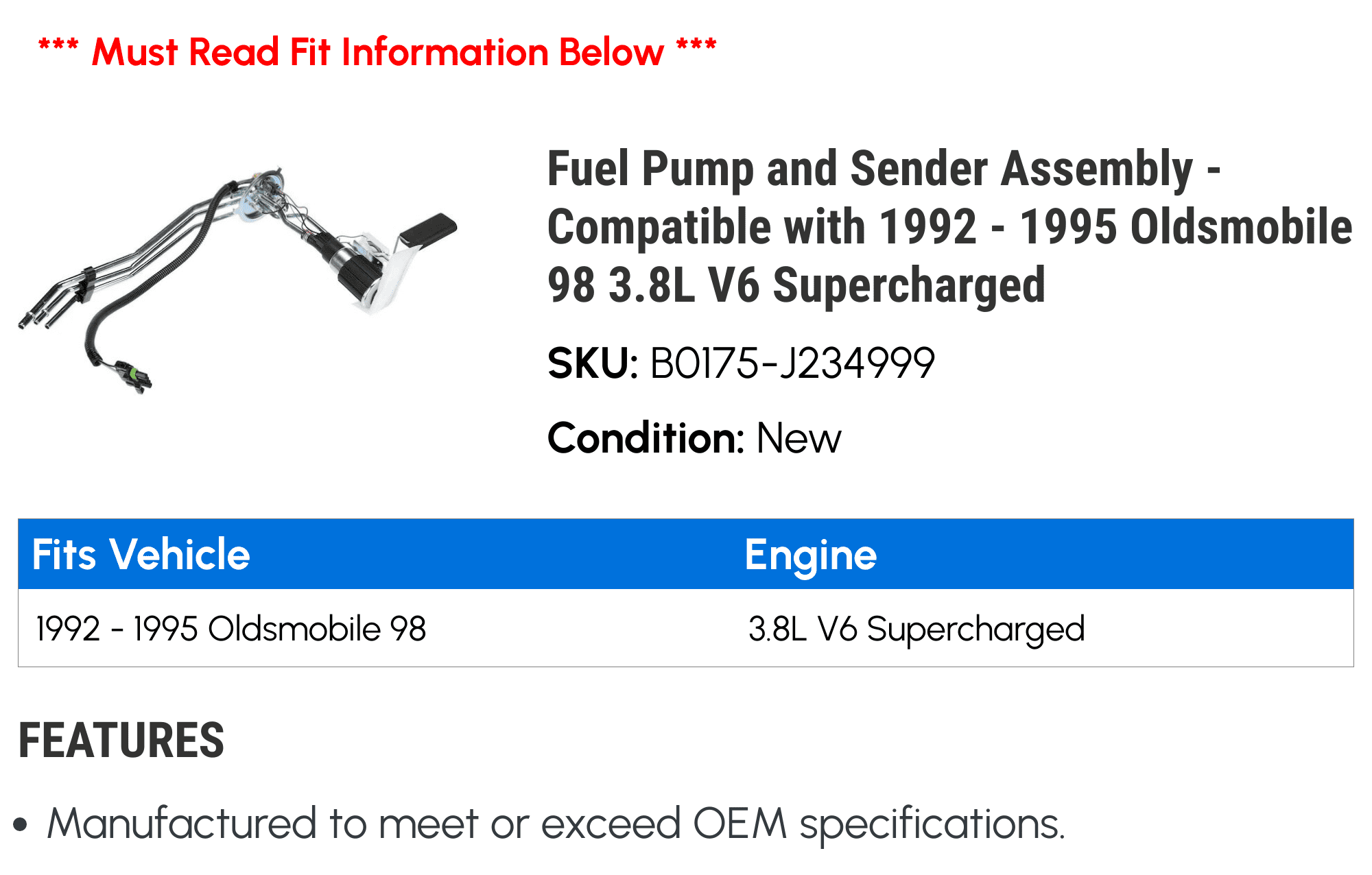 Fuel Pump and Sender Assembly - Compatible with 1992 - 1995 Oldsmobile 98 3.8L V6 Supercharged 1993 1994