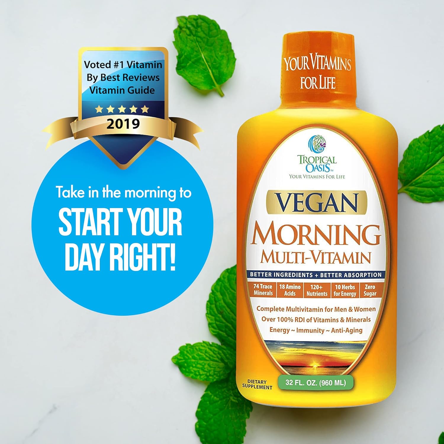 Tropical Oasis - Vegan Morning Liquid Multivitamins, Daily Liquid Vitamins with 74 Trace Minerals, 18 Amino Acids, and 10 Herbs, 32fl oz (960ml, 32 Servings)