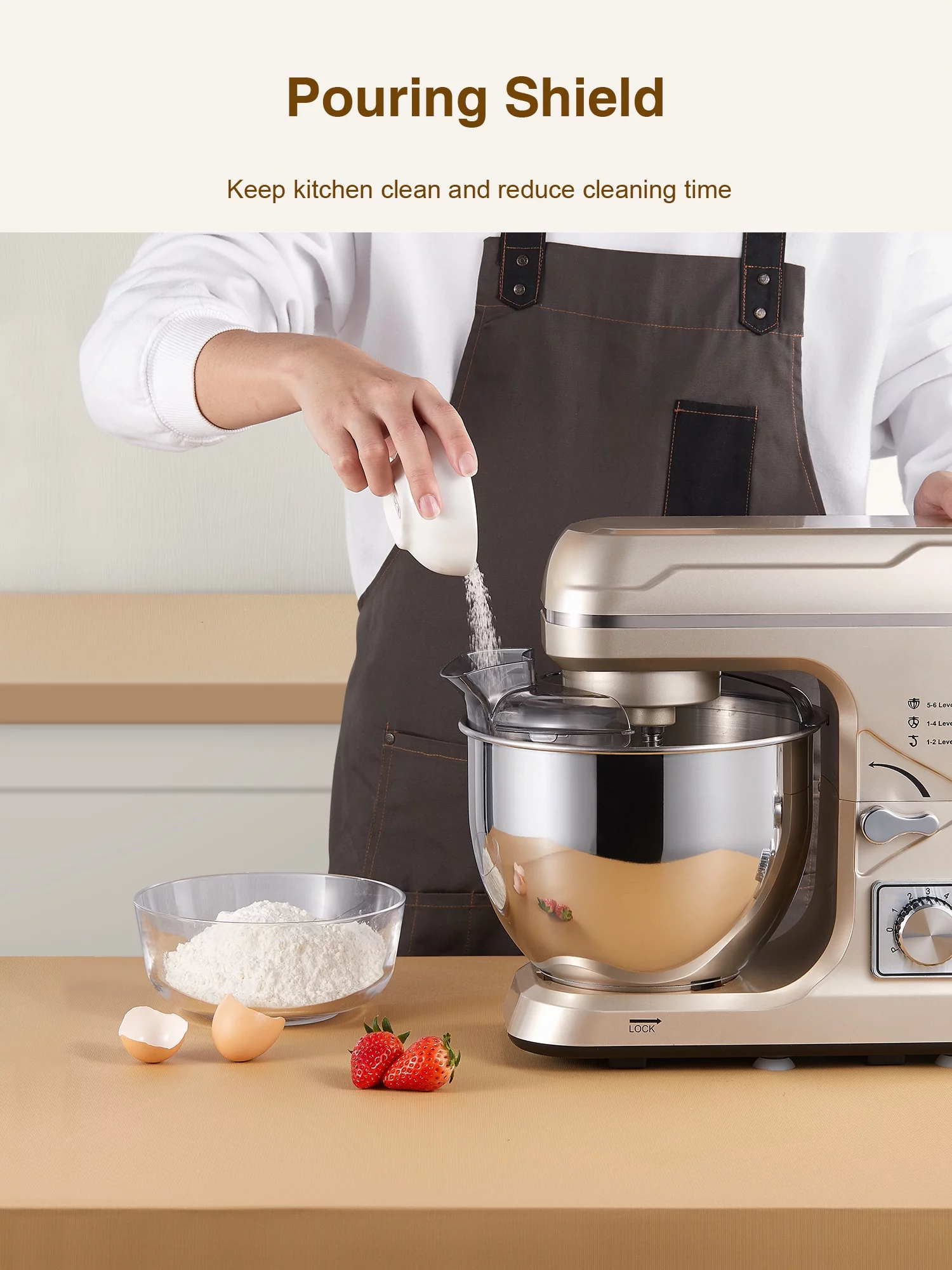 Kealive 5.5QT Tilt-Head Stand Mixer, 6+P Mess-free Kitchen Electric Mixer with Dough Hook, Whisk & Beater, Gold