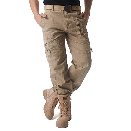 CRYSULLY Men's Cotton Multi-Pockets Work Pants Tactical Outdoor Military Army Cargo Pants (No Belt)