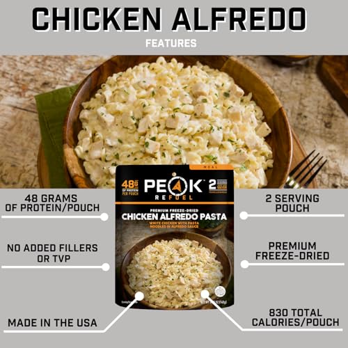 Peak Refuel Chicken Alfredo Pasta 2-Pack | Premium Freeze Dried Camping Food | Backpacking & Hiking MRE Meals | Just Add Water | 100% Real Meat | 48g of Protein Per Pouch | 2 Servings Per Pouch