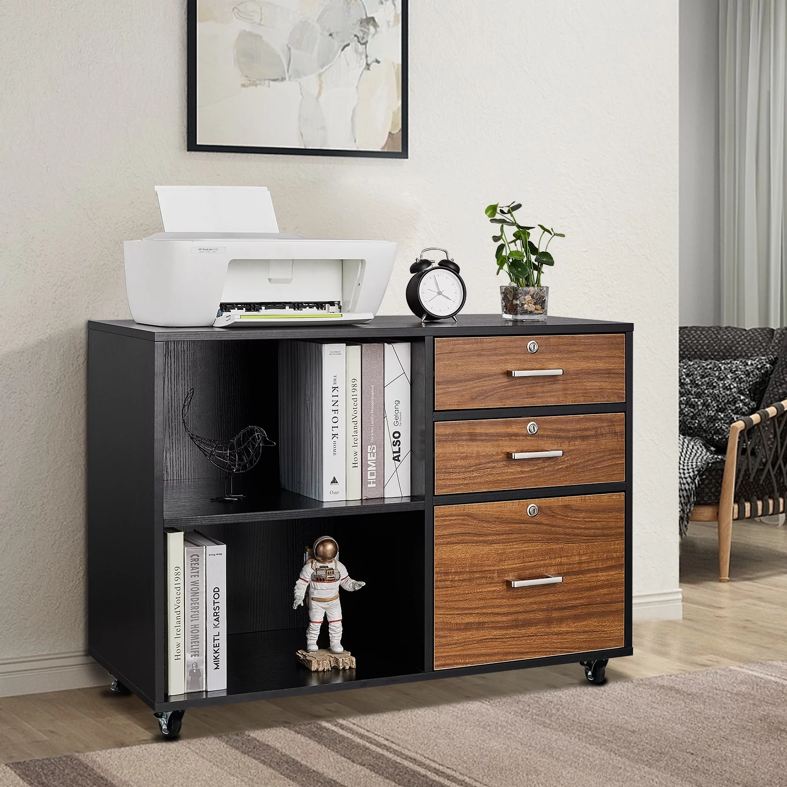 Rolling 3 Drawer File Cabinet with Lock, Wood Lateral Filing Cabinet with Open Shelves