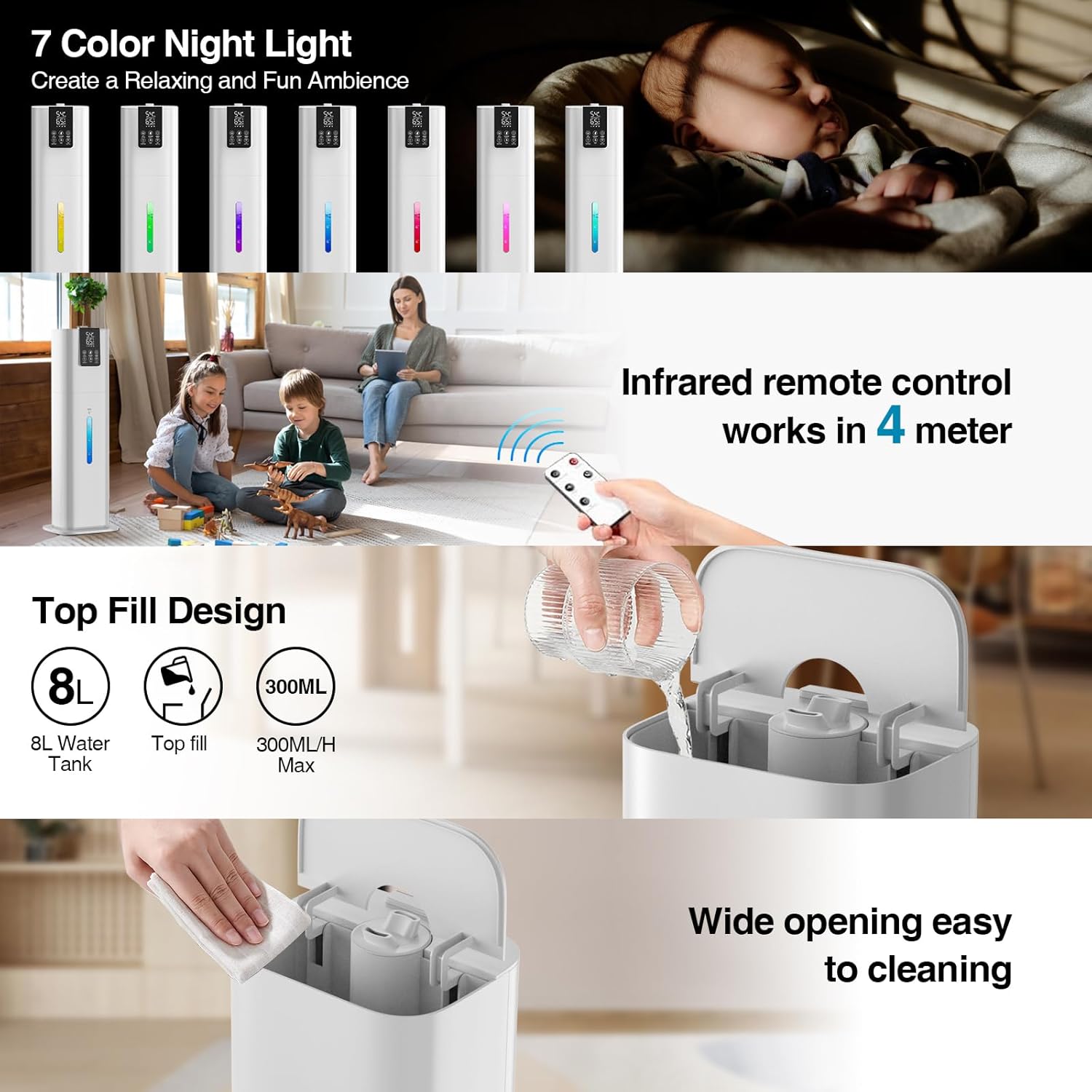 Smart Humidifiers Large Room Bedroom Home, 8L Top Fill Cold Mist Humidifiers with 3 Adjustable Mist Levels, Smart App & Remote Control, 48H Runtime, Nightlight, 12H Timer, Humidity Setting