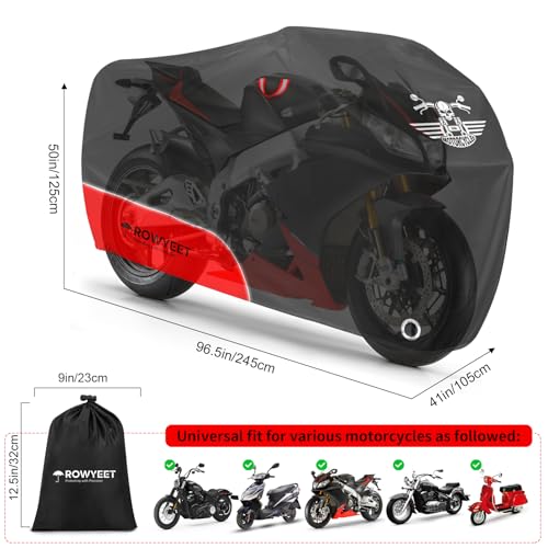Motorcycle Cover Waterproof Outdoor Storage with Lock-Holes, Storage Bag & Night Reflective Design, Heavy Duty Protection Powersports Vehicle Covers Fits up to 96.5
