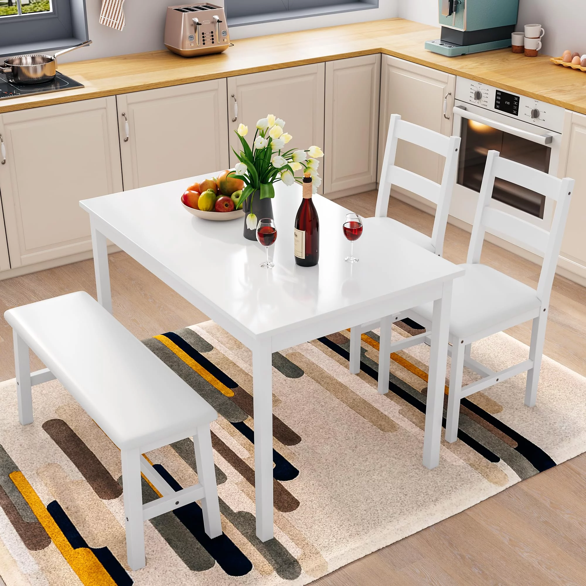 Dining Table Set for 4, 4 Piece Kitchen Table with Chairs and Bench, Wood Rectangular Dining Table Set with 2 PU Leather Chair and Bench for Small Spaces, Apartment, Breakfast, Living Room (White)