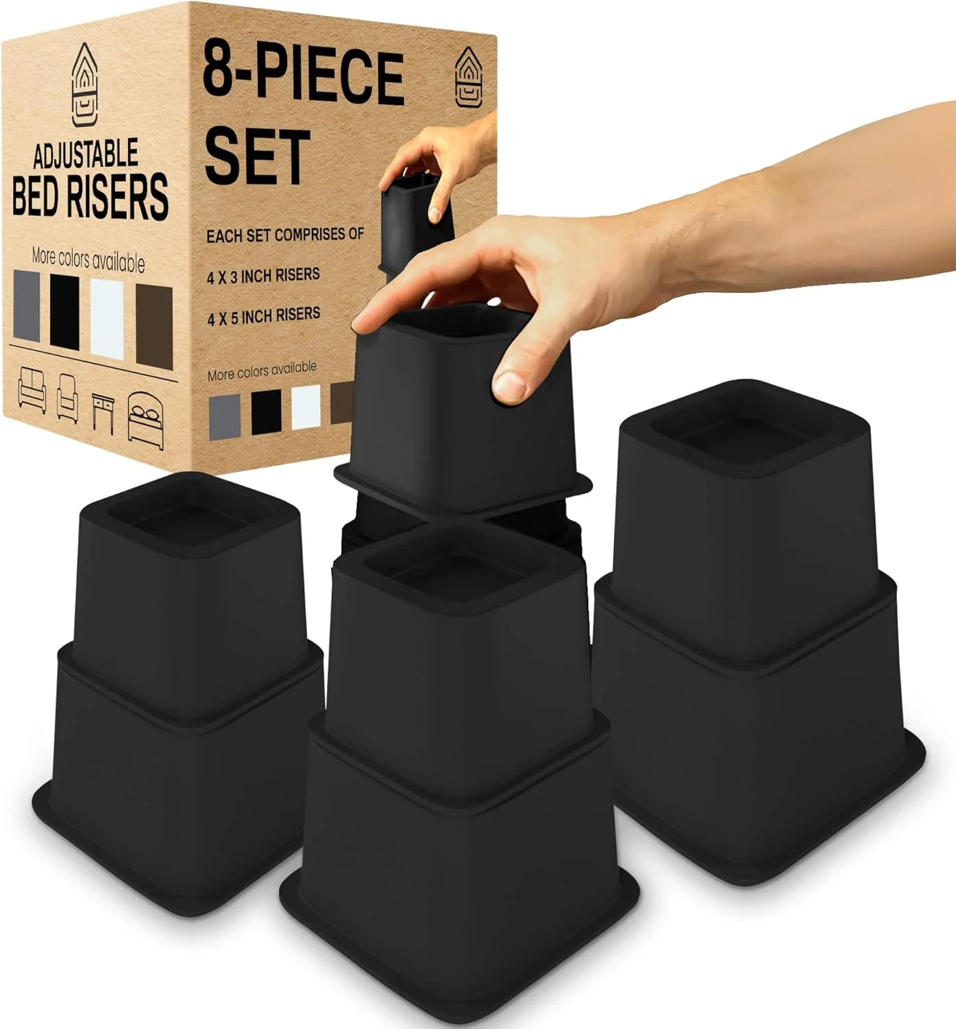 Home Intuition Heavy Duty Adjustable Bed Risers Furniture Riser 3, 5 or 8.7-Inch, 4 Pack, 8-Piece Set, Black