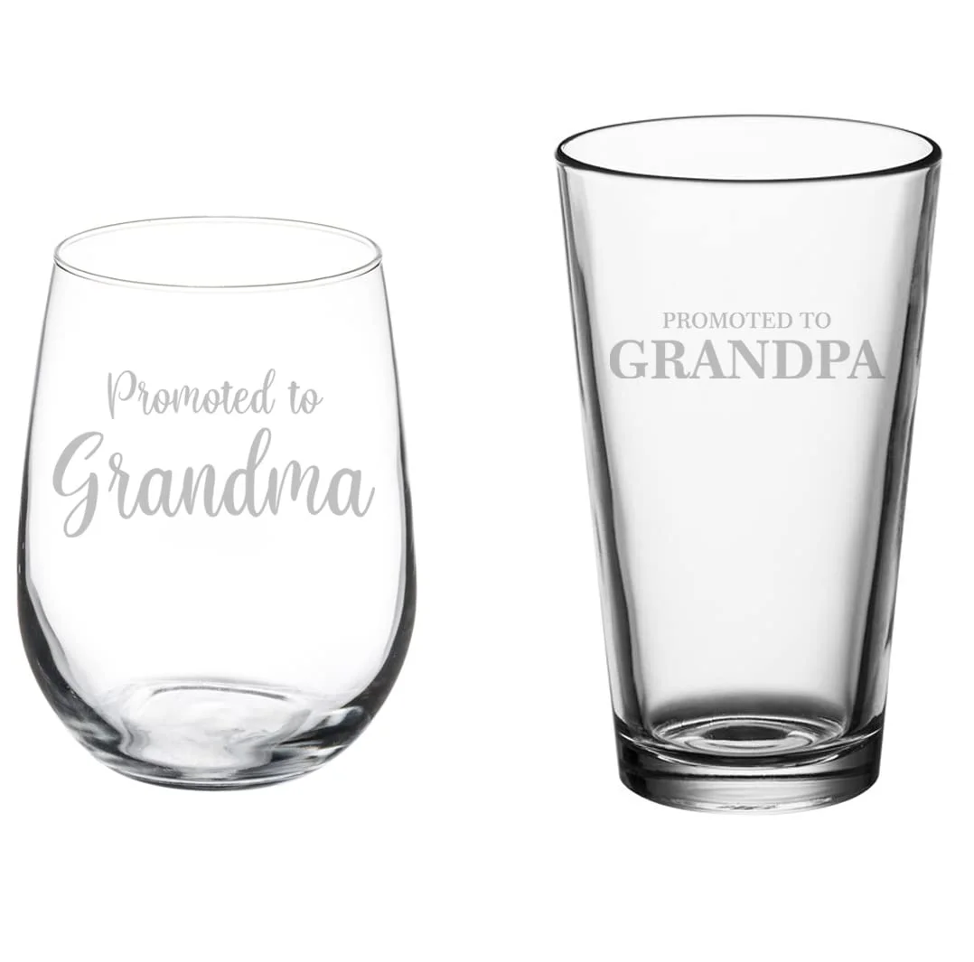 Set of 2 Glasses Stemless WINE & Beer PINT Glass Gift Promoted To Grandma Promoted to Grandpa Grandparents Baby Announcement Pregnancy Reveal