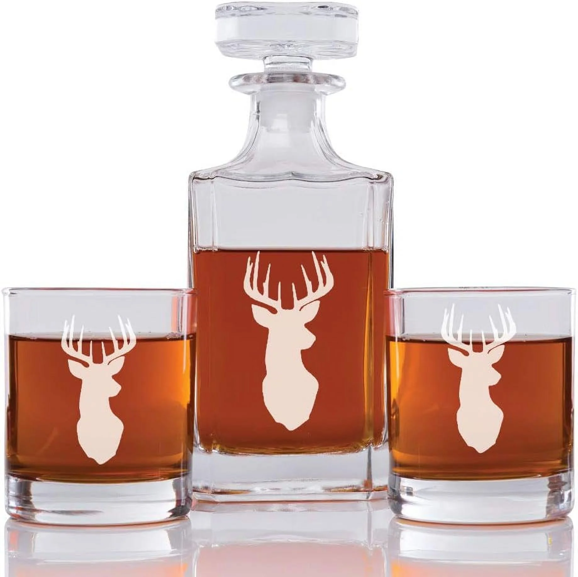 Antler Engraved Decanter And Rock Glasses, Set Of 3 L8