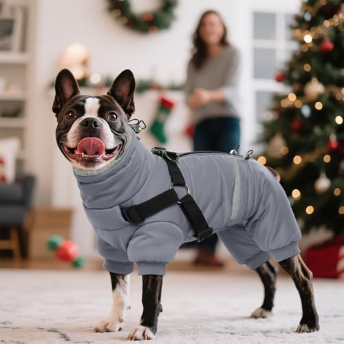 BRKURLEG Black Dog Coat with Harness, Dog Winter Jacket, Dogs Onesie Body Warm Jackets, Small Dogs Winter Coats Reflective Windproof Warm Cold Weather Coats, Pet Waterproof Jacket Hiking XL