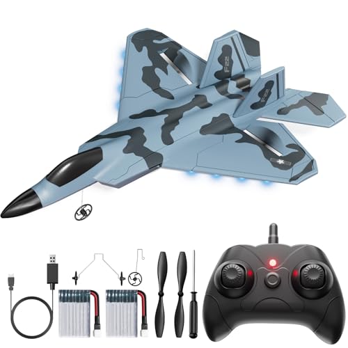 RC Plane, Remote Control Airplane, Drone for Kids and Beginners F-22 Glider Fighter Jet, Ready to Fly 2CH 2.4GHz Flying Toys with LED Lights, 2 Takeoff Modes, Auto Balance, 2 Batteries