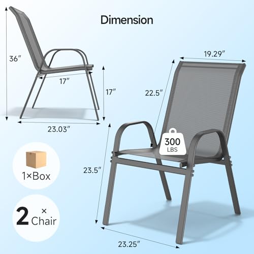 Patio Chairs set of 4, Easy Assembly Stackable Outdoor Dining Chairs with Wide Seat and Sturdy Metal Frame, Breathable All Weather Textilene Outdoor Chairs Set of 4 for Deck, Pool, Porch, Grey