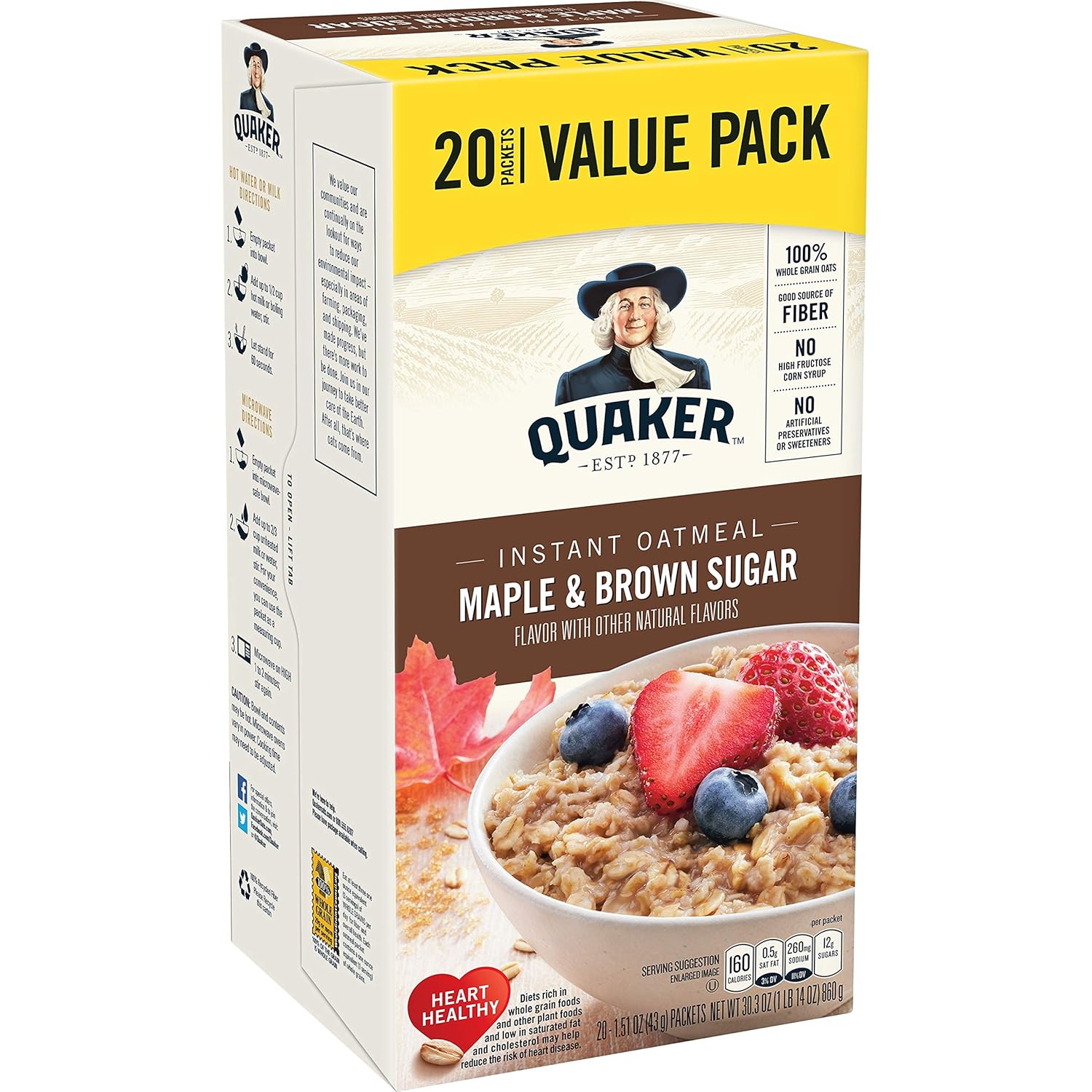 Quaker Maple & Brown Sugar Instant Oatmeal, 20 Count, 1.51 oz Packets