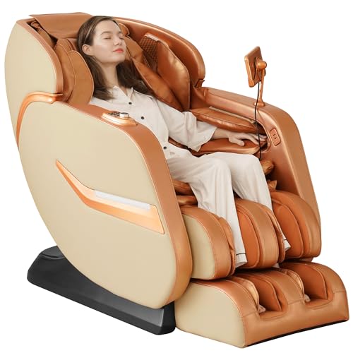 4D Zero Gravity Massage Chair Recliner, Easy Control SL-Track Shiatsu Massage Chair Full Body with AI Control,Body Scan,Waist Heating,Bluetooth,Foot Rollers,32 Airbags&Extended Footrest (Gold)