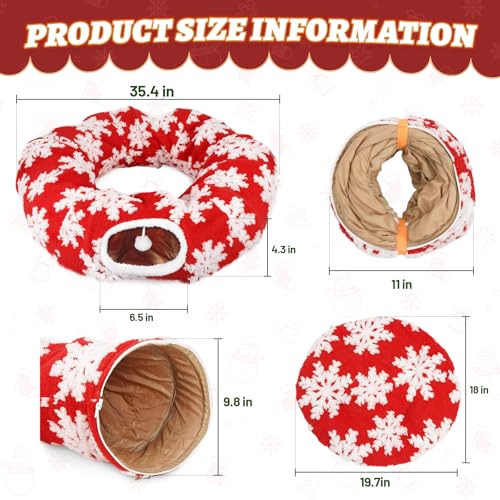 Cat Tunnel Christmas Tree Skirt, Cat-Proof Soft Plush Tunnel Bed Under Christmas Tree with Washable Cushion, Foldable Peekaboo Donut Cave for Indoor Kitties, Snowflake Pattern Design