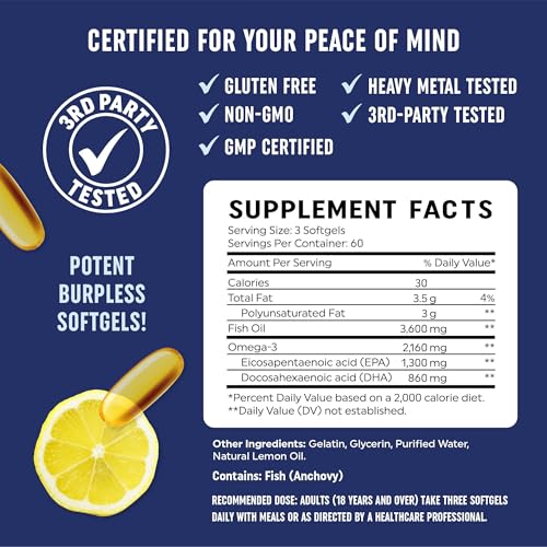 Triple Strength Omega 3 Fish Oil | 3600 mg EPA & DHA | Over 2100mg of Omega 3 Fatty Acids | 1300mg EPA + 860mg DHA | Best Essential Fatty Acids | Premium Burpless Softgel Supplements (120 Ct)