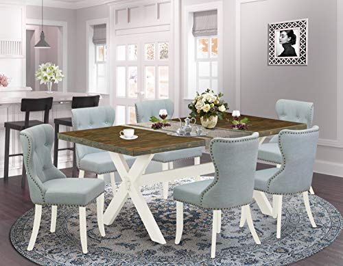 East West Furniture X077SI215-9 9 Piece Dining Room Table Set Includes a Rectangle Kitchen Table with X-Legs and 8 Baby Blue Linen Fabric Parson Dining Chairs, 40x72 Inch, Multi-Color