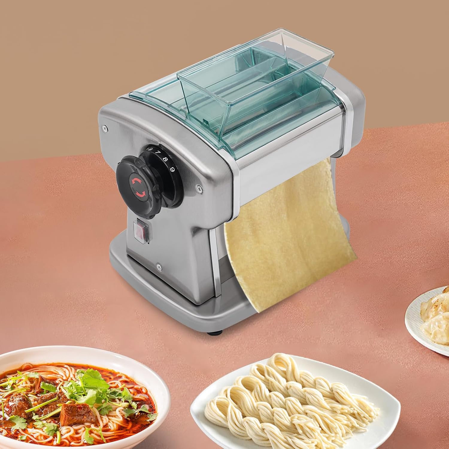 Electric Pasta Maker Machine, Automatic Noodle Machine with 9 Thickness Settings, Fresh Pasta Dough Sheet Roller Included 2 mm Stainless Steel Blade,135W
