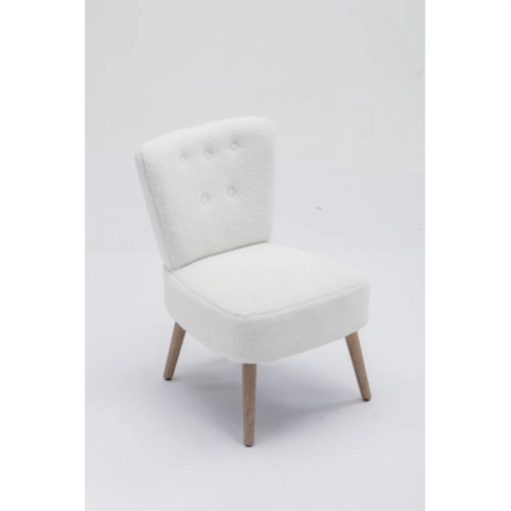 Teddy Fabric Button Accent Slipper Chair With Wooden Legs For Dining Room Living Room Bedroom,White