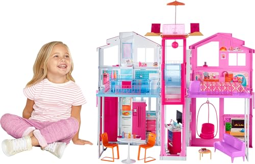Barbie Doll House Playset, 3-Story Townhouse with 4 Rooms & Rooftop Lounge, Furniture & Accessories Including Swinging Chair (Amazon Exclusive)