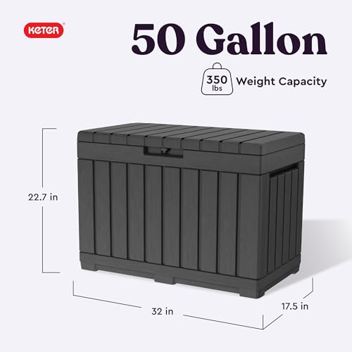 Keter Kentwood 50 Gallon Resin Deck Box-Organization and Storage for Patio Cushions, Throw Pillows and Garden Tools, Brown