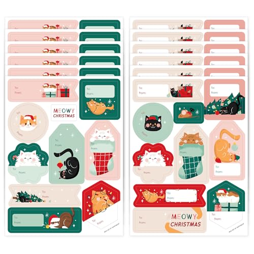 Big Dot of Happiness Cat Christmas Gift Tag Stickers, Assorted Pets Holiday Party Gift Tag Labels, to and from Stickers - 12 Sheets - 120 Stickers
