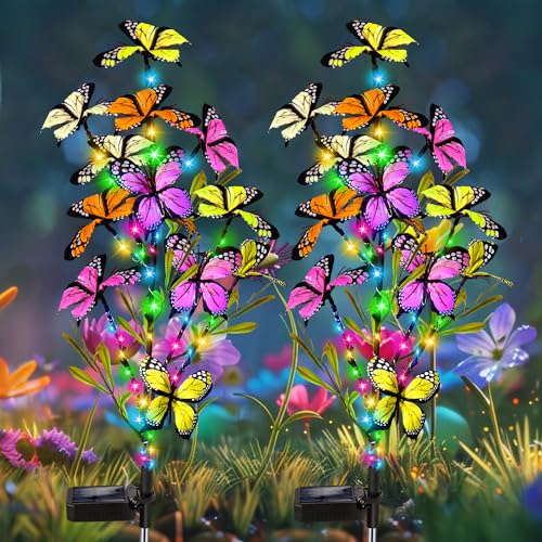 Solar Lights Outdoor, 2 Pack New Solar Butterfly Tree Lights, Solar Decorative Lights for Outside, Garden, Yard, Patio, Fence, Pathway, Gardening Gifts for Women