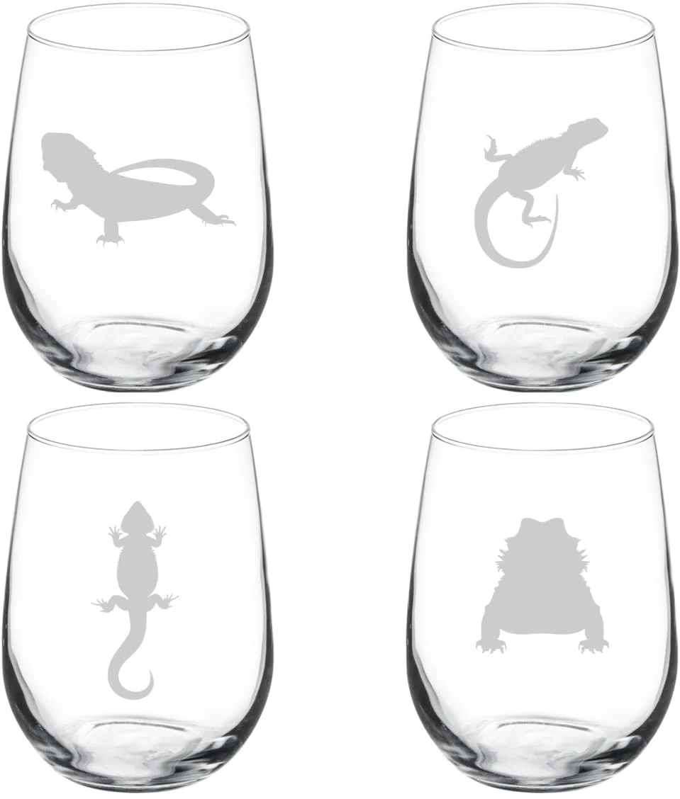 Set of 4 Wine Glass Gift Bearded Dragon Lizard Collection (17 oz Stemless)