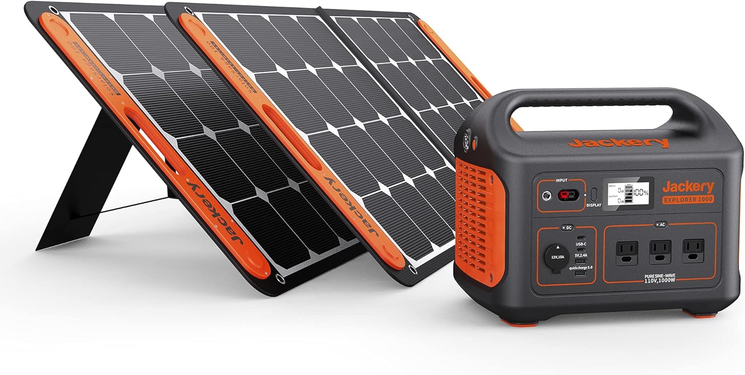 Jackery Solar Generator 1000, Explorer 1000 and 2X SolarSaga 100W with 3x110V/1000W AC Outlets, Solar Mobile Lithium Battery Pack for Outdoor RV/Van Camping, Emergency