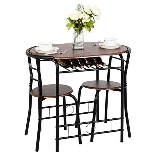 VINGLI 3 Piece Dining Set,Small Kitchen Table Set for 2,Breakfast Table Set,Kitchen Wooden Table and 2 Chairs for Small Space/Dining Room/Apartment,Metal Frame,Wine Rack,Black