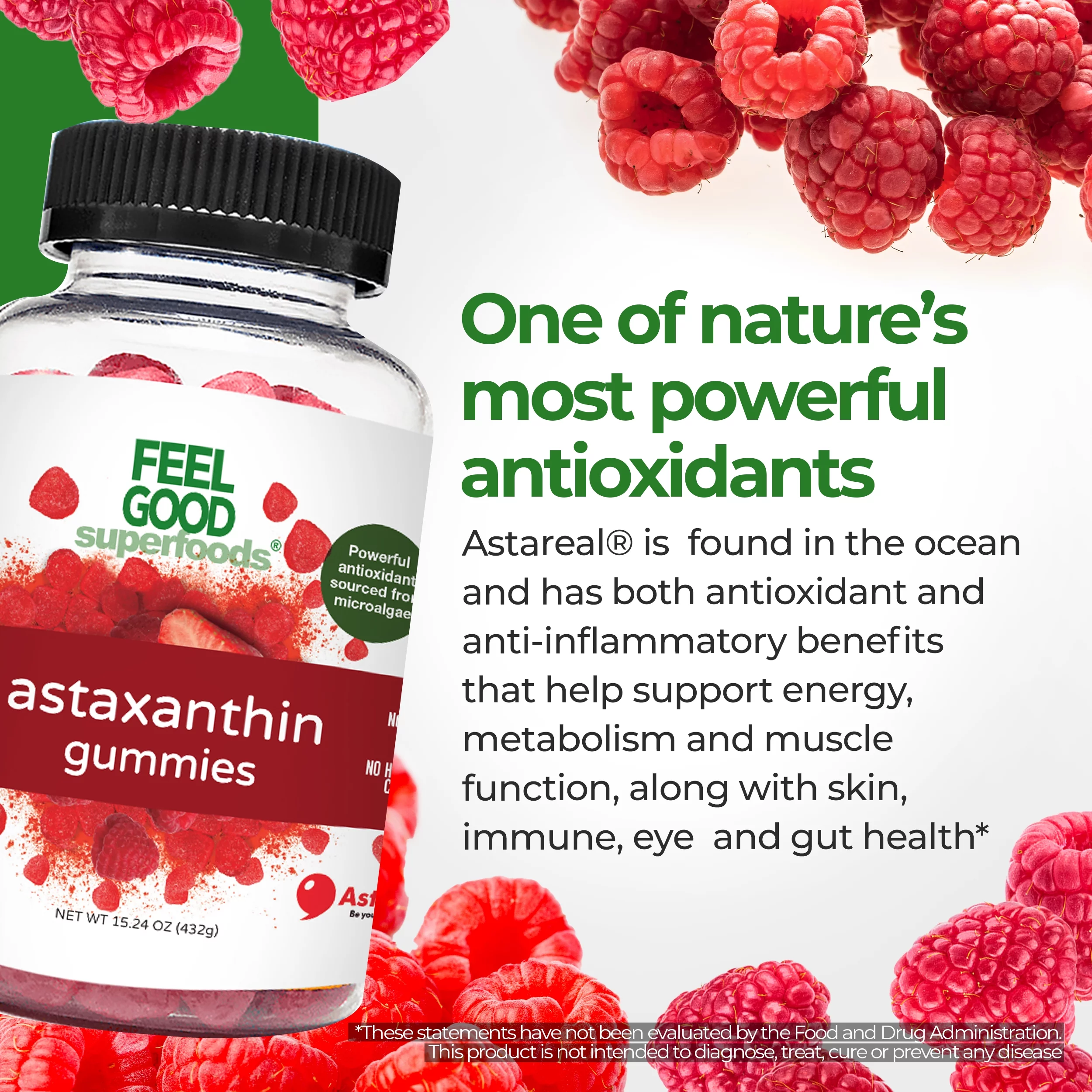 FeelGood Superfoods Astaxanthin Supplements, 6mg Antioxidant Gummies for Skin and Eye Health, Berry Flavor, Vegan, Non-GMO, 60 Count