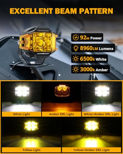Auxbeam V-MAX Series 72W LED Pod Driving Lights, 4x2.5 Inch Rectangle Side Shooter Offroad Cube Spotlights with Amber DRL, 270° Combo Beam 6 Modes White/Amber/Yellow Auxiliary Lights with Covers