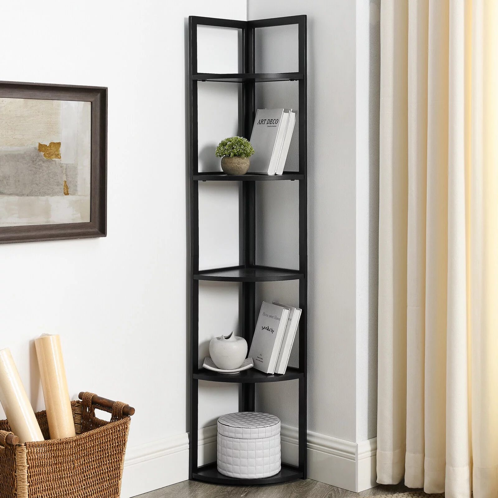 SWAREY 5 Tiers Corner Shelf,Corner Bookshelf, Tall Corner Storage Stand Black