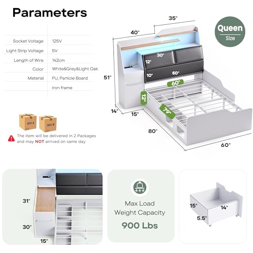 Full Platform Bed Frame with Foldable Desk, Daybed with Storage Headboard, Bookcase, 4 Drawers, LED Light & Charging Station, No Box Spring Needed, Space-Saving Design