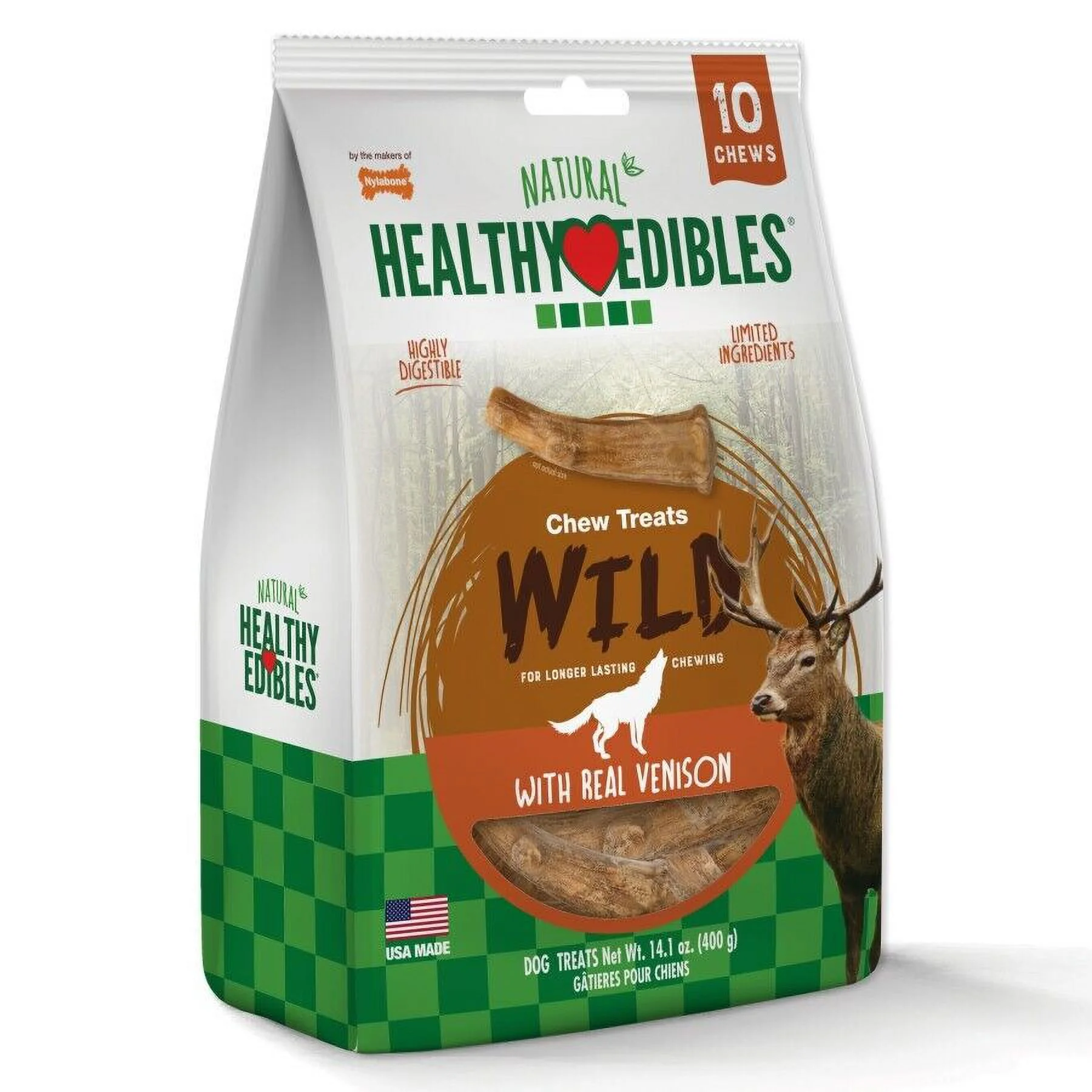 Nylabone Healthy Edibles Wild Antler Natural Dog Chew Treats, Venison (10 Chews)