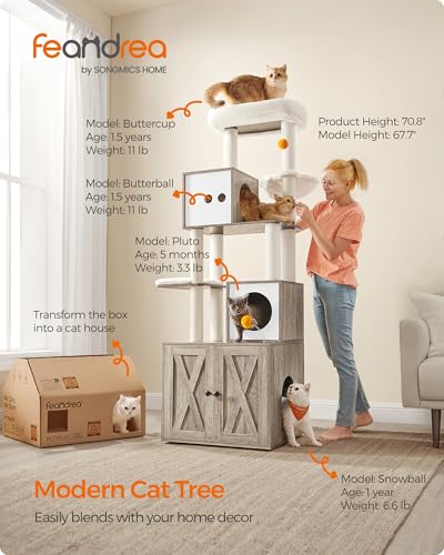 Feandrea Cat Tree with Litter Box Enclosure, 2-in-1 Modern Cat Tower, 70.8-Inch Tall Cat Condo with Scratching Posts, Perch, Caves, Basket, Washable Cushions, Heather Greige UPCT116G01