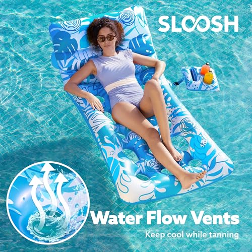 SLOOSH Adjustable Backrest Pool Floats - Tropical Leaves Pool Lounger Floaties Adults with Cup Holders, Inflatable Tanning Float Rafts Chair Beach Lake Lounge Floating Above Water Keep Cool (Blue)