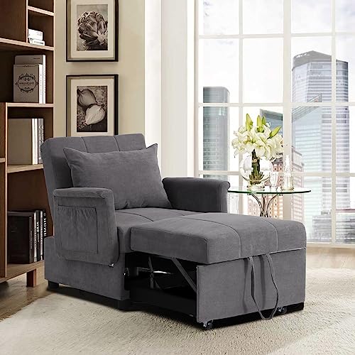Convertible Chair Sleeper Bed, Folding Ottoman Sleeper Guest Bed 3 in 1 Multi-Function Adjustable PU Leather Futon Chair with Lumbar Pillow (Black)