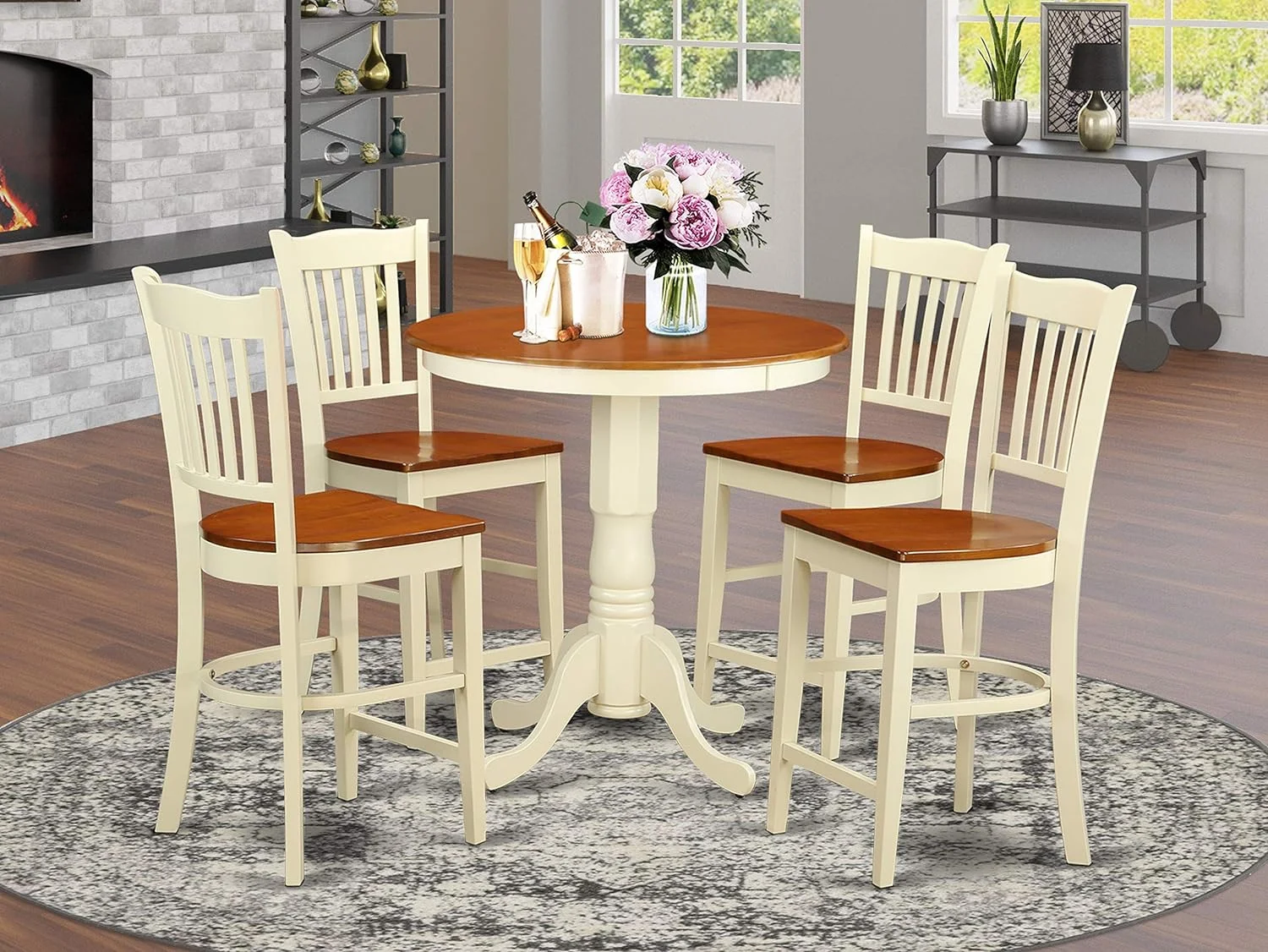 5 Piece Kitchen Counter Height Dining Table Set Includes A Round Wooden Table With Pedestal And 4 Dining Chairs, 30X30 Inch, Buttermilk & Cherry