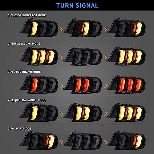 VLAND LED Rear Lights Compatible with Mustang 2015-2023 w/Sequential Amber/Red Turn Signal (5 Lighting Modes Switchable), Transparent Lens Taillight Assembly, Passenger&Driver Sides