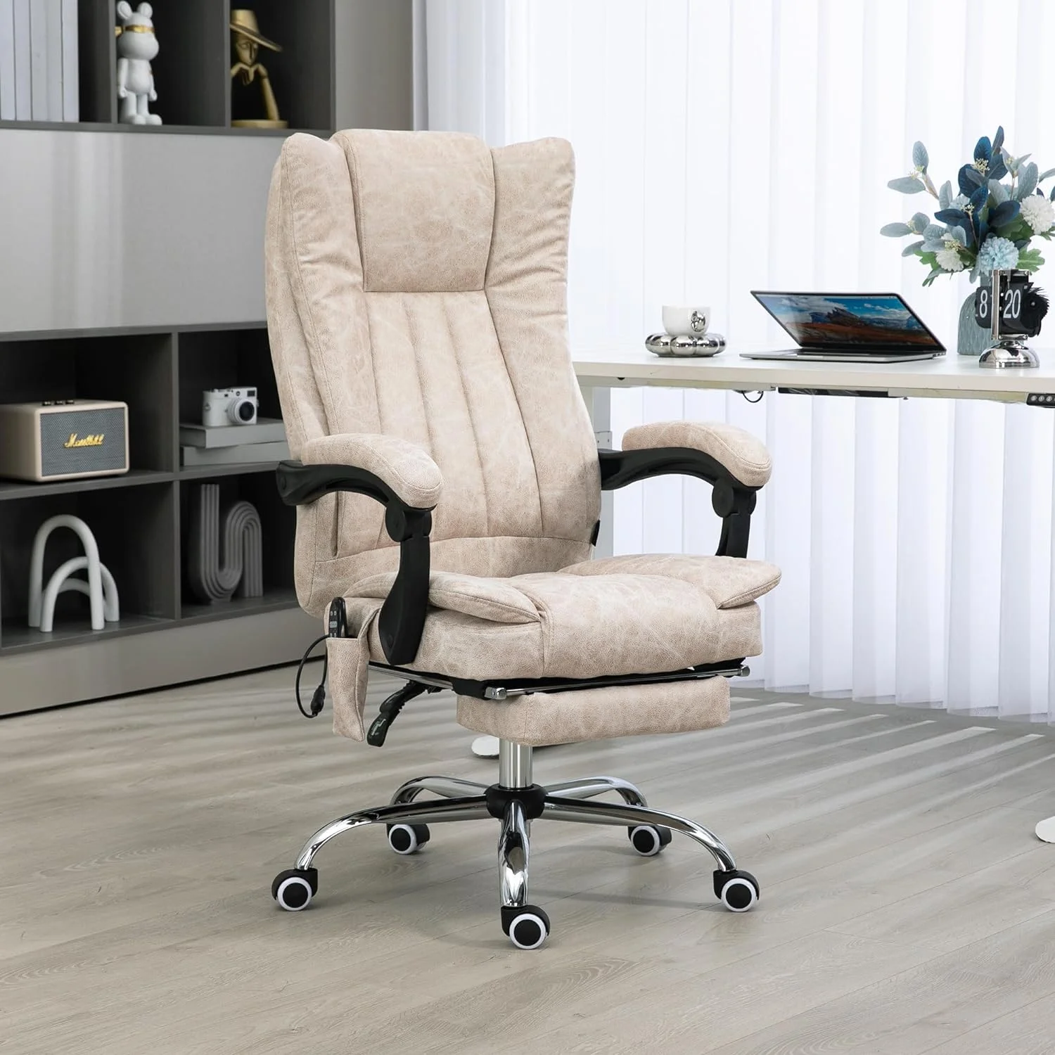 Microfiber Office Chair, High Back Computer Chair With 6 Point Massage, Heat, Adjustable Height And Retractable Footrest, Cream White
