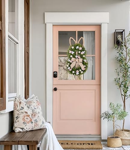 Bunny Shaped Easter Wreath for Front Door, Handmade Spring Easter Artificial Boxwood Wreath with Beaded Ears for Home Door Wall Decor - 24 H X 14 W