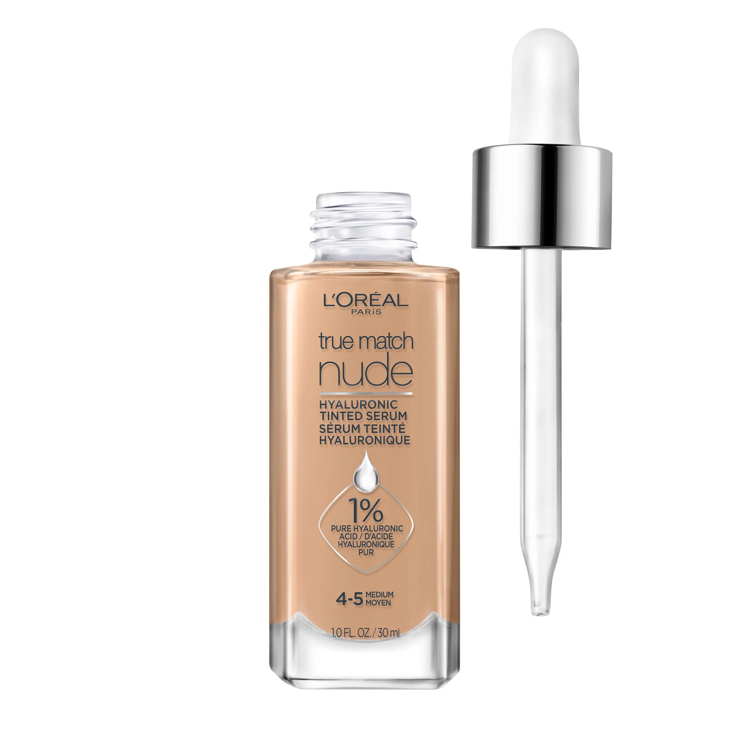 L’Oréal Paris True Match Nude Hyaluronic Tinted Serum: Unveil Radiant, Hydrated Skin with 1% Hyaluronic Acid - Light-Medium Shade, 1 Fl. Oz.