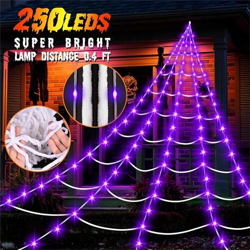 Halloween Decorations Outdoor, 250LED 23x18 FT Giant Spider Web with Purple Lights, Lighted Triangular Black Spider Web with Sturdy Wire, Waterproof, Timer, 8 Modes for Yard Halloween Décor