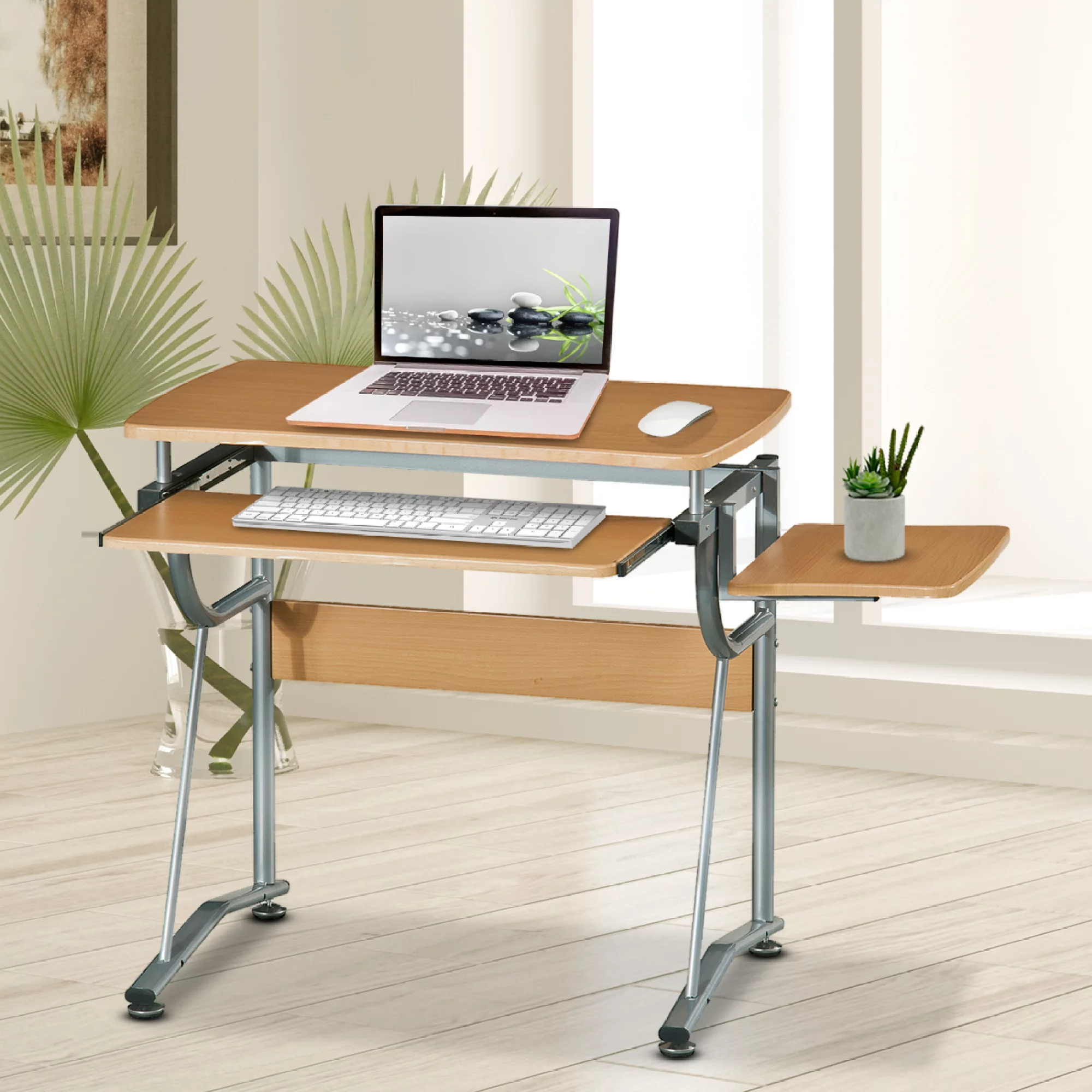 Compact Computer Desk With Side Shelf And Keyboard Panel, Cherry