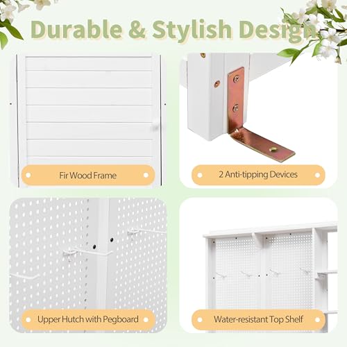 Garden Potting Bench Table with Hutch, Outdoor Wooden Workstation with 4 Shelves, Drawer, Cabinet and Hooks, Brown